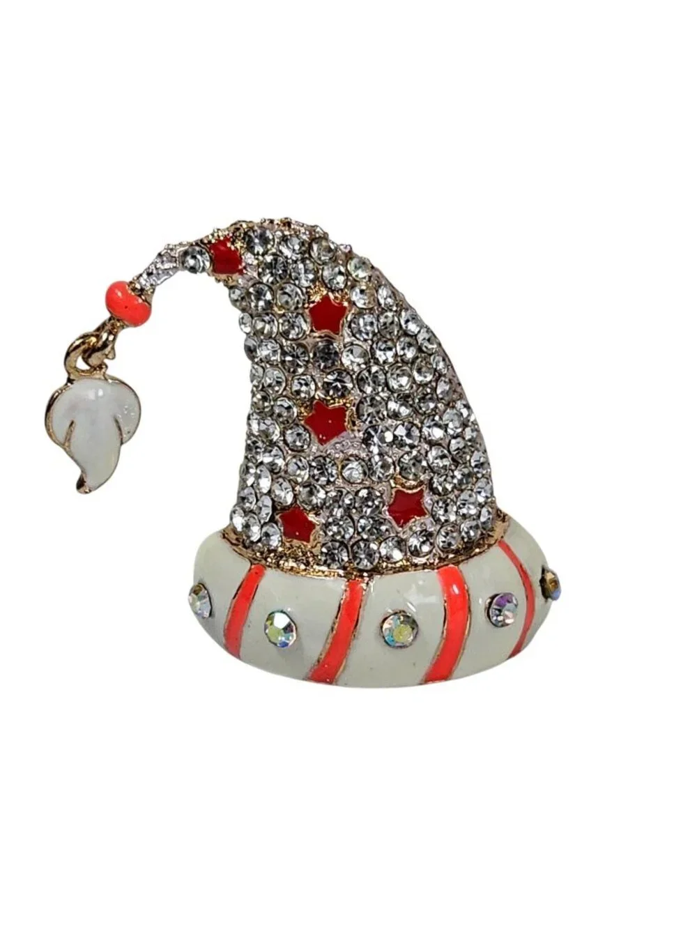 SANTA CLAUS Hat STAR Rhinestone Christmas Necklace Pendant Brooch Pink Stripe